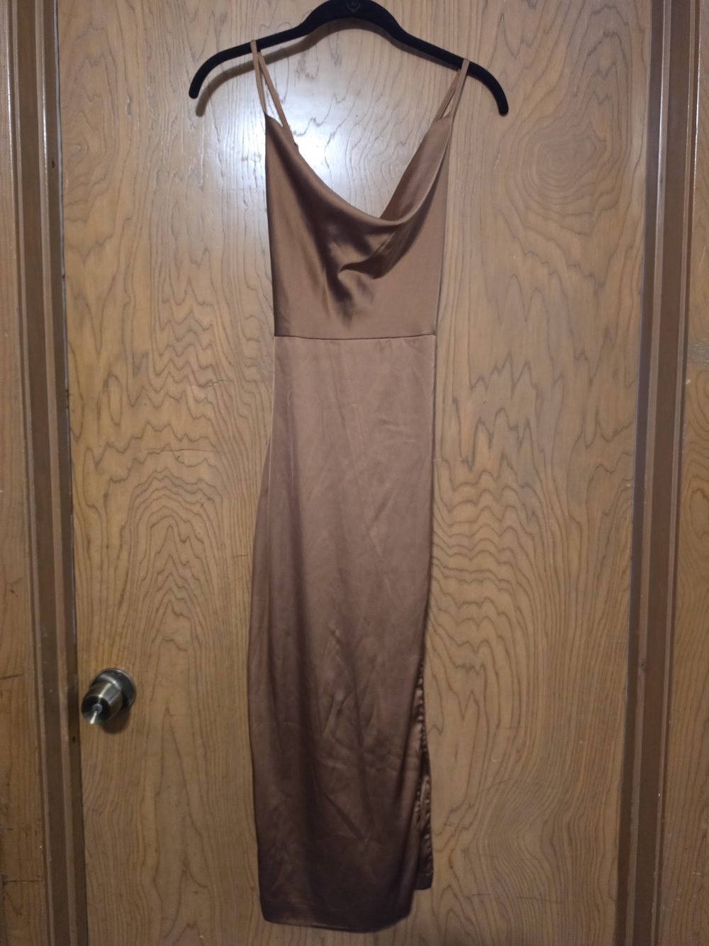 Fashion Nova Bronze Satin Cowl Midi Dress